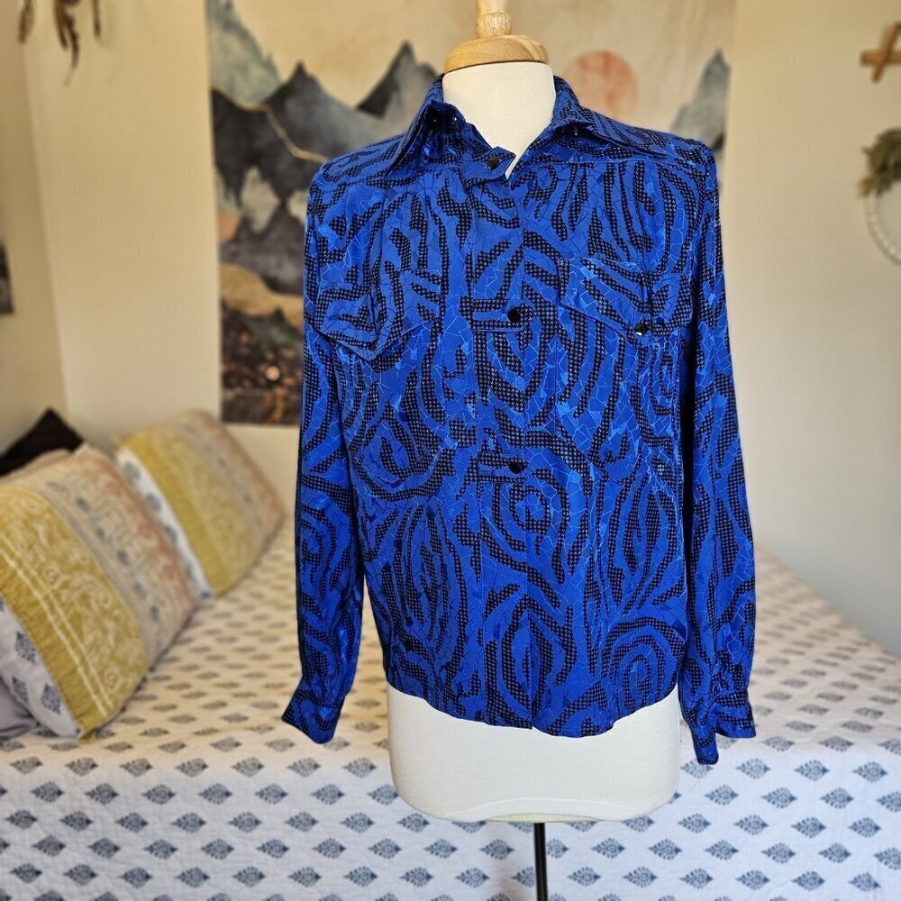 Vintage Francesca of Damon Silk Blouse 6 Blue Animal Print Neiman Marcus - Picture 7 of 13